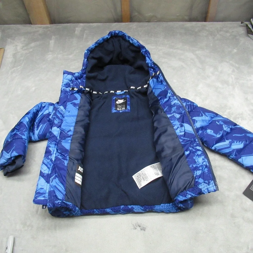 Nike Jacket Boys 4T 3-4 Blue Hooded Puffer Full Zip Graphic Winter Outerwear NEW